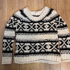Free People Fair Isle Knit Sweater Black Cream Cozy Boho Festival Size S